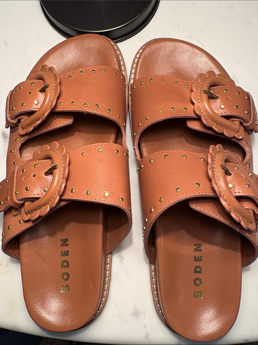 Boden Tan Leather Double-Buckle Slide Sandals with Studs